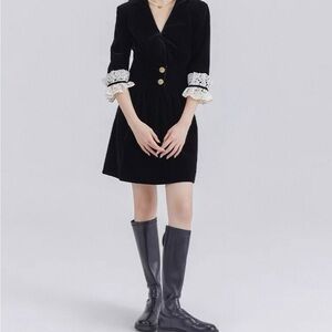 Elegant Black Velvet Dress with Lace Cuffs